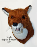 Plush fox head mount with measurement text on a white background