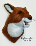 Plush fox head toy on a white background with text indicating weight.
