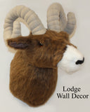 Faux fur ram head wall decor with text 'Lodge Wall Decor' on a white background