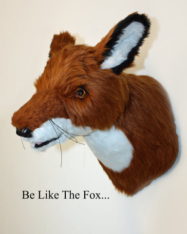 Plush fox head with text 'Be Like The Fox...' on a beige background