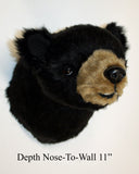 Stuffed bear head mount on a white background with text: Depth Nose-to-wall 11"