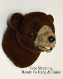 Plush brown bear mount on a white background with text 'Free Shipping Ready To Hang & Enjoy'.