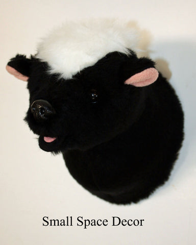 Plush skunk wall mount on a white background with 'Small Space Decor' text.