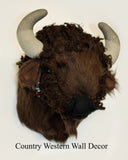Plush buffalo head on a white background with text 'Country Western Wall Decor'.